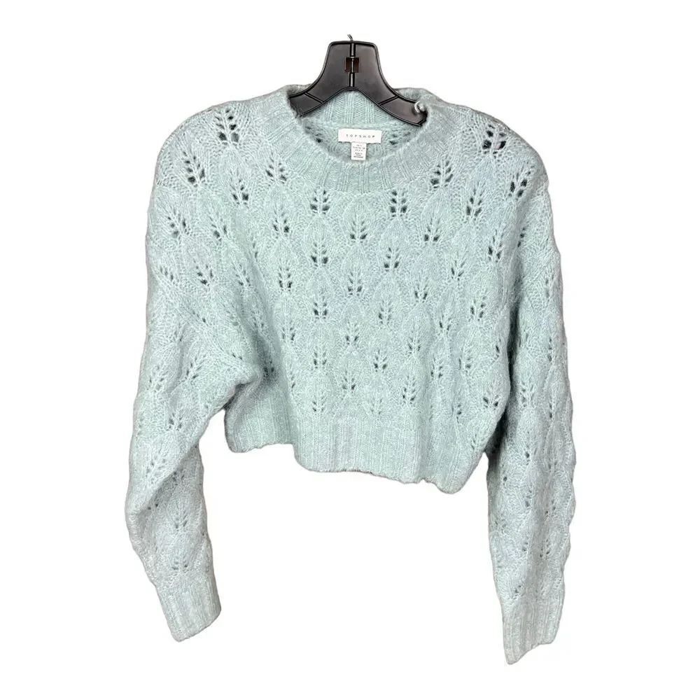 Topshop Sweater | Cropped Peekaboo Pointelle Pastel Blue Size US 4-6 UK S